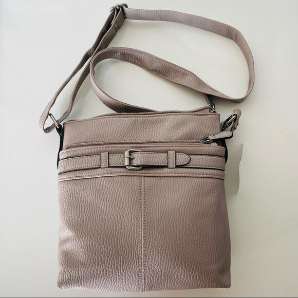 NEW STYLE & CO Beige Tan Vegan Faux Pebble Leather Crossbody Buckle Bag Purse - Picture 2 of 12